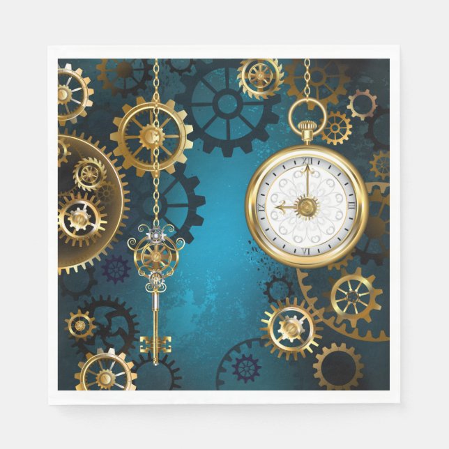 Steampun turquoise Background with Gears Napkin (Front)