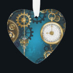 Steampun turquoise Background with Gears Ornament<br><div class="desc">Turquoise,  textured,  steampunk background with brass and gold gears,  a silver key and the clock. Steampunk style.</div>