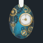 Steampun turquoise Background with Gears Ornament<br><div class="desc">Turquoise,  textured,  steampunk background with brass and gold gears,  a silver key and the clock. Steampunk style.</div>