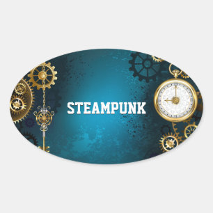 Steampun turquoise Background with Gears Oval Sticker