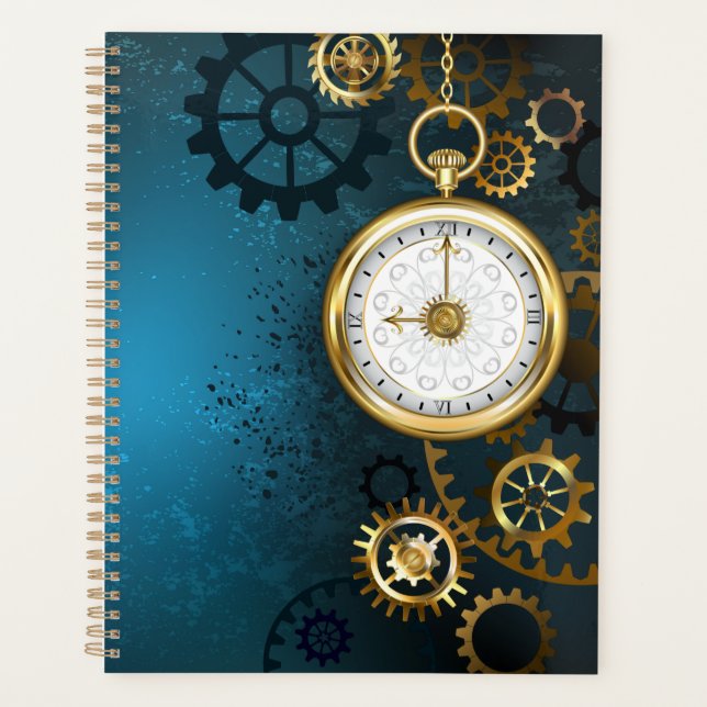Steampun turquoise Background with Gears Planner (Front)