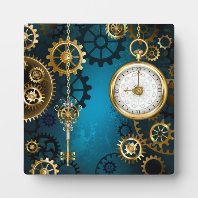 Steampun turquoise Background with Gears Plaque (Front)