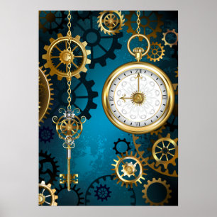 Steampun turquoise Background with Gears Poster