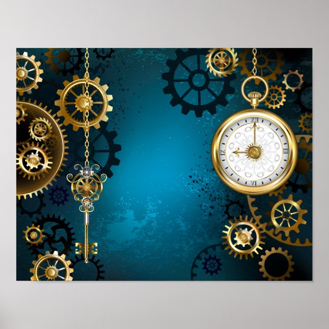 Steampun turquoise Background with Gears Poster (Front)