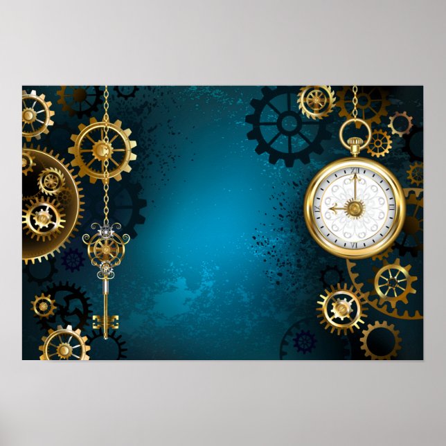 Steampun turquoise Background with Gears Poster (Front)