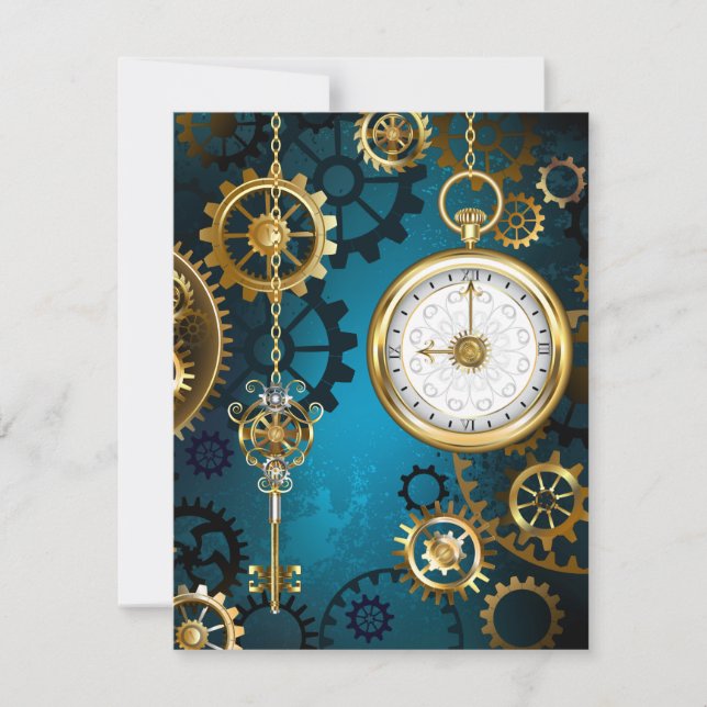 Steampun turquoise Background with Gears RSVP Card (Front)