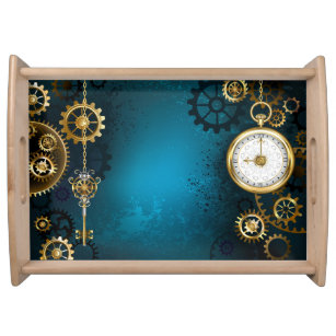 Steampun turquoise Background with Gears Serving Tray