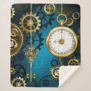 Steampun turquoise Background with Gears Sherpa Blanket