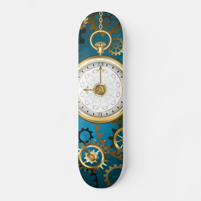 Steampun turquoise Background with Gears Skateboard (Front)