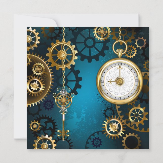 Steampun turquoise Background with Gears Thank You Card (Front)