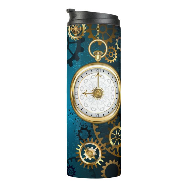 Steampun turquoise Background with Gears Thermal Tumbler (Rotated Right)
