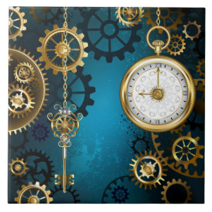 Steampun turquoise Background with Gears Tile