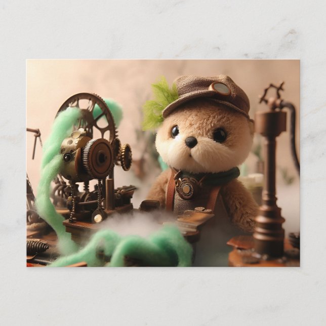 Steampunk Adorable Otter Works on Machinery Postcard (Front)