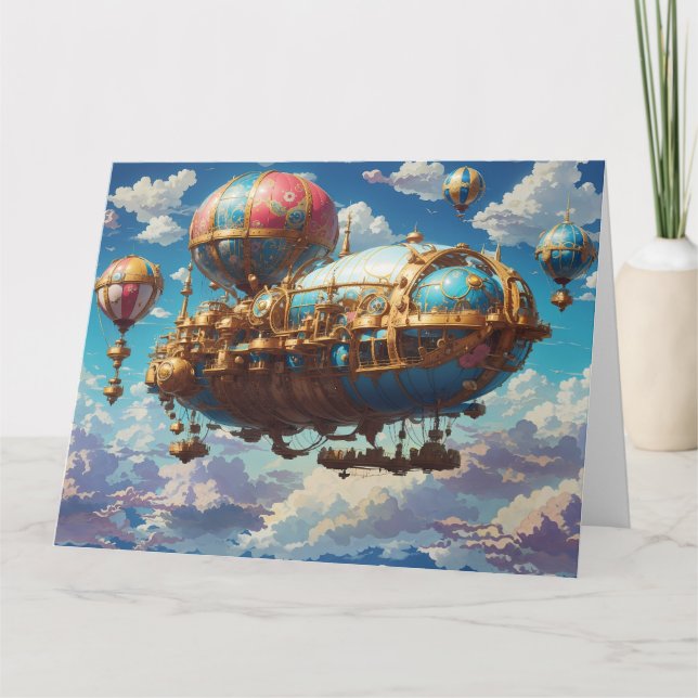 Steampunk Airship and Balloons in Sky Card (Front)