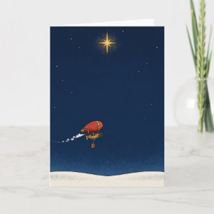 Steampunk Airship Delivering Gift Under Christmas Holiday Card