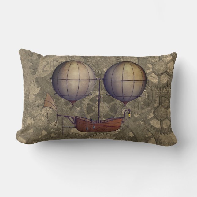 Steampunk Airship Dirigible Blimp & Cogs Lumbar Cushion (Front)