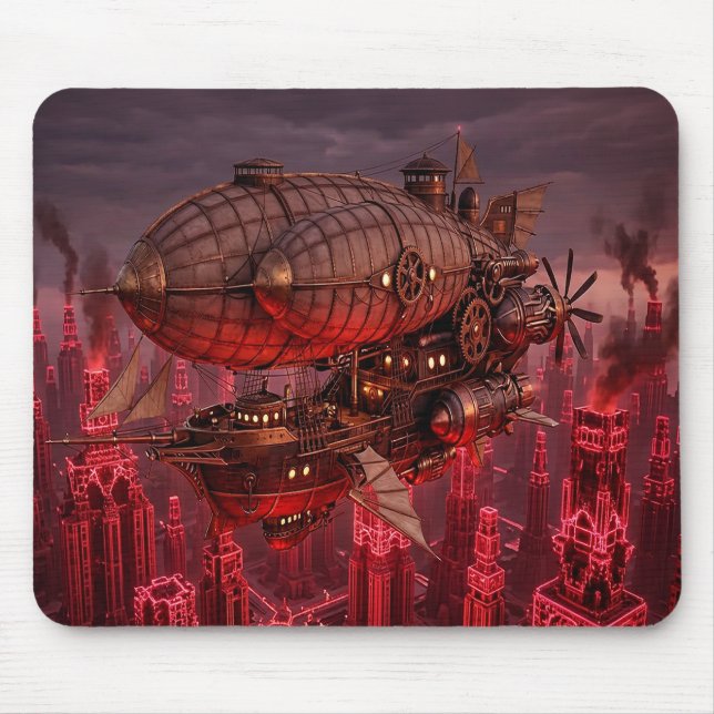 Steampunk Airship Flying Above Town Mouse Pad (Front)