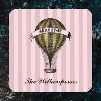 Steampunk Airship on Vintage Pink Stripes Monogram Coaster