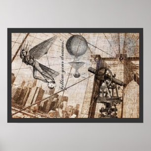 Steampunk apparitions over the Brooklyn Bridge Poster