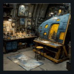 Steampunk Artist Submarine Studio Chaos Poster<br><div class="desc">A dimly lit, riveted submarine-like chamber serves as an overflowing artist's sanctuary. A large easel displays an unfinished portrait while every surface groans under jars of paint, brushes, old books, mechanical oddities, and half-finished canvases. Warm lanterns and hanging bulbs throw golden pools across a cluttered workbench and paint-splattered drop cloth,...</div>
