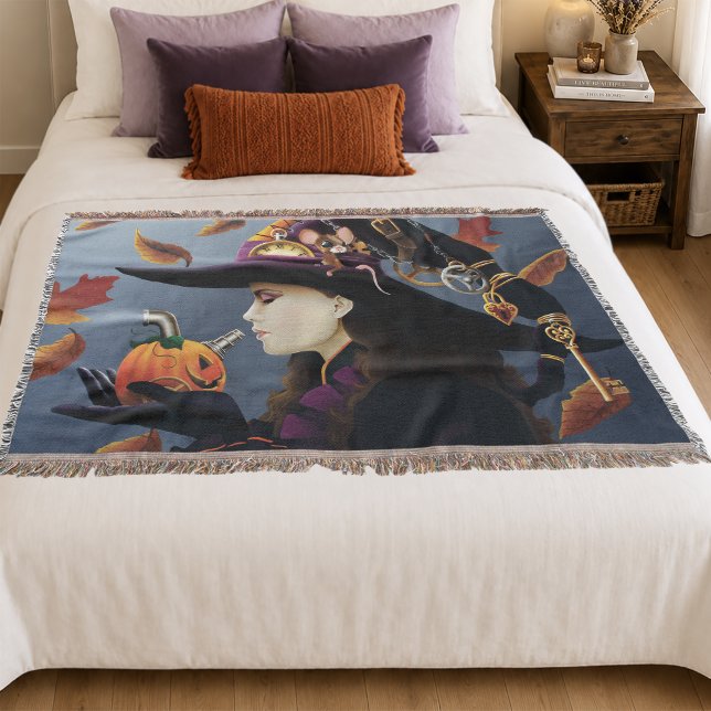Steampunk Autumn Witch Pumpkin Clockwork Hat Throw Blanket (Creator Uploaded)