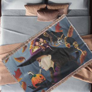 Steampunk Autumn Witch Pumpkin Clockwork Hat Throw Blanket