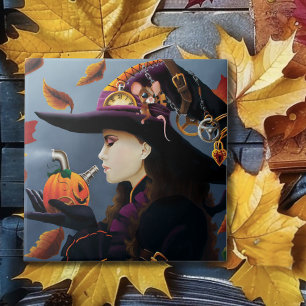 Steampunk Autumn Witch Pumpkin Clockwork Hat Tile