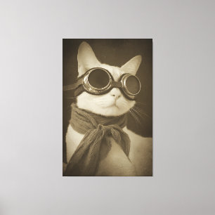 Steampunk Aviator Cat Sepia Portrait Canvas Print
