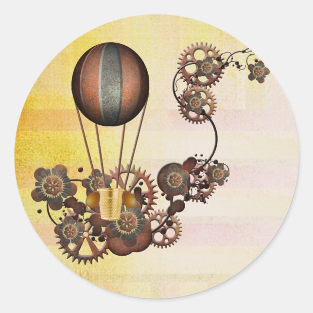 Steampunk Balloon Antique Yellow Classic Round Sticker (Front)