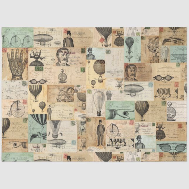 Steampunk Balloon & Postcard Ephemera Tissue Paper (Front)