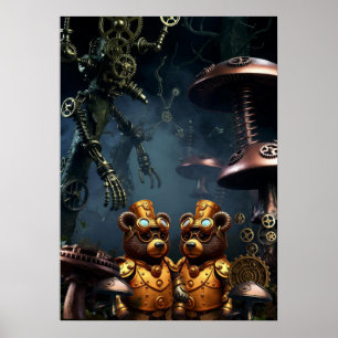 Steampunk Bears in Clockwork Forest Fantasy Art Poster