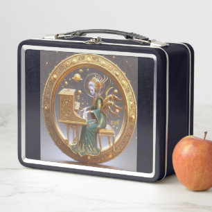 Steampunk Beautiful Space Alien Playing Piano Metal Lunch Box