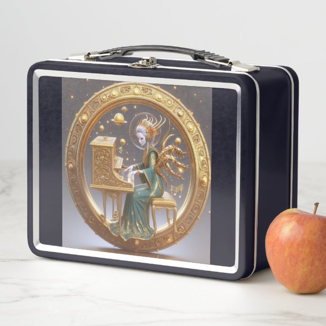 Steampunk Beautiful Space Alien Playing Piano Metal Lunch Box (In Situ)