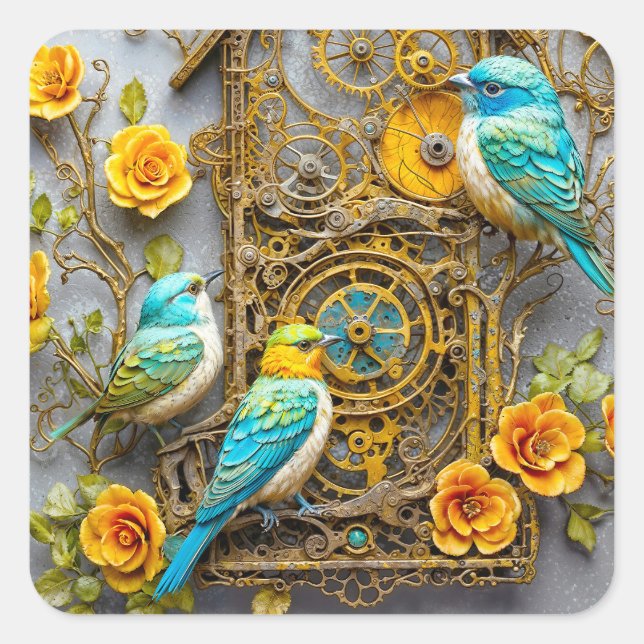Steampunk birds with golden roses square sticker (Front)