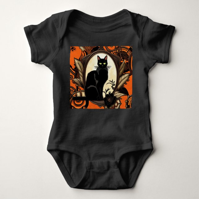 Steampunk Black Cat Halloween Baby Bodysuit (Front)