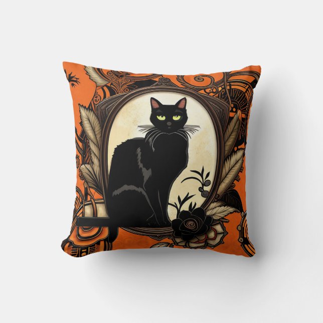 Steampunk Black Cat Halloween Cushion (Front)