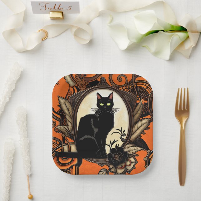 Steampunk Black Cat Halloween Paper Plate (Wedding)