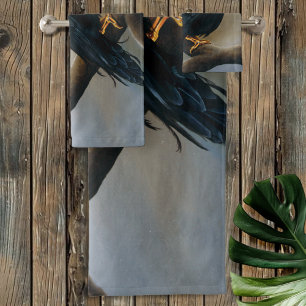 Steampunk Black Raven Wind-Up Key Mechanical Bath Towel Set