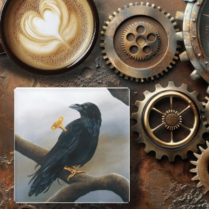 Steampunk Black Raven Wind-Up Key Mechanical Glass Coaster