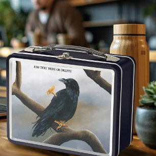 Steampunk Black Raven Wind-Up Key Mechanical Metal Lunch Box