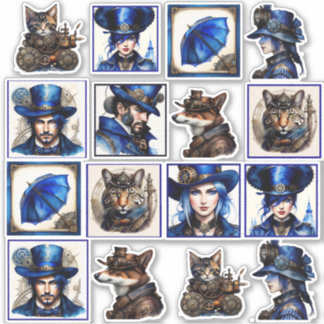 Steampunk Blue and Gold Watercolor Vinyl Stickers 