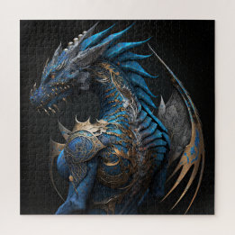 Steampunk blue dragon with metal wings AI art Jigsaw Puzzle