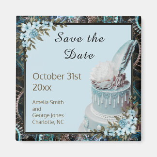 Steampunk Blue Floral Wedding Save the Date Magnet