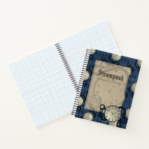 Steampunk blue gothic clocks & skulls notebook
