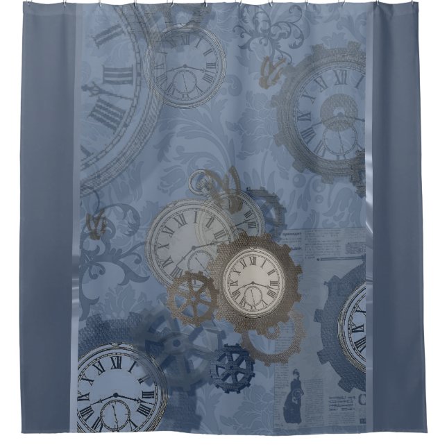 Steampunk blue metallic shower curtain (Front)