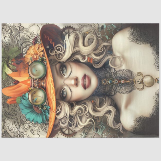 Steampunk Bohemian Style Lady Decoupage Tissue Paper (Front)