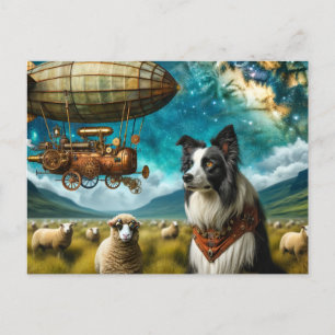 Steampunk Border Collie With Sheep and Blimp  Postcard