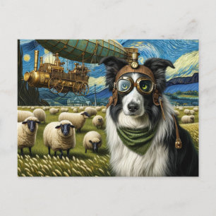 Steampunk Border Collie With Sheep  Postcard