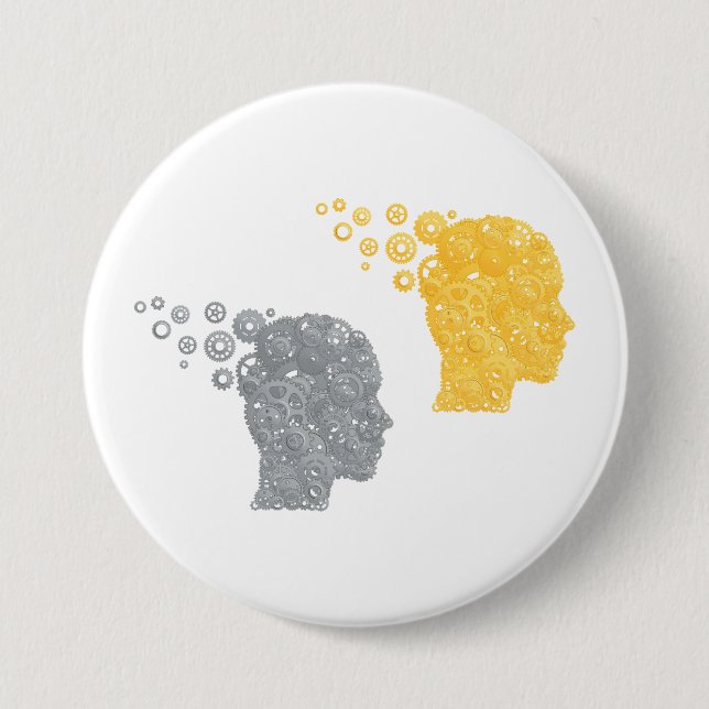 Steampunk Brain Power Cogwheel Heads 7.5 Cm Round Badge (Front)