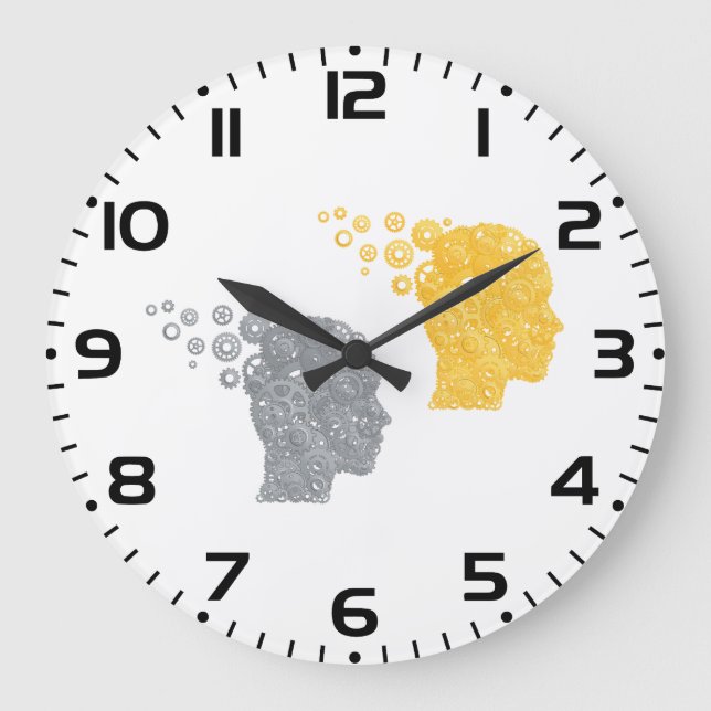 Steampunk Brain Power Cogwheel Heads Large Clock (Front)